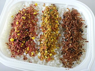 An image of a few kinds of furikake on rice